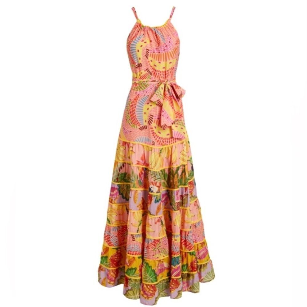 NEW FARM Rio Mixed Pink Prints Maxi Dress Fruit Tiered Crossback Belt Size L - Picture 7 of 16
